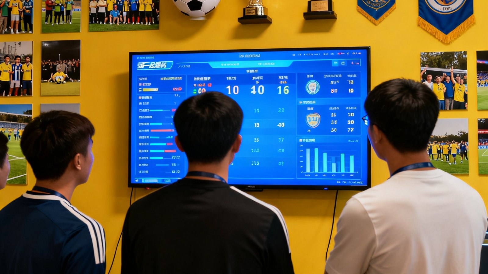 第一足球网团队在数据大屏前分析比赛实时数据，周围充满足球元素和社区活动照片